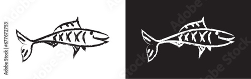 Stylized hand drawn brush, fictional imaginary fish black and white