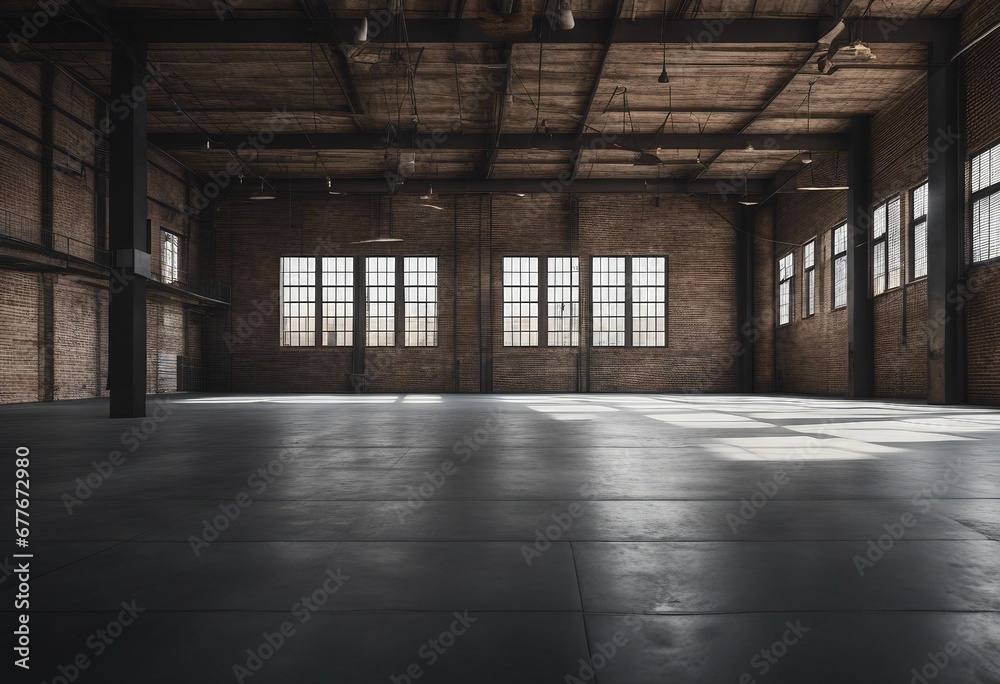 Industrial loft style empty old warehouse interior brick wall concrete floor and black steel roof