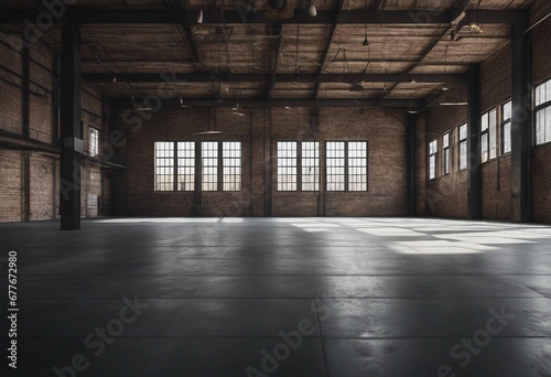 Industrial loft style empty old warehouse interior brick wall concrete floor and black steel roof