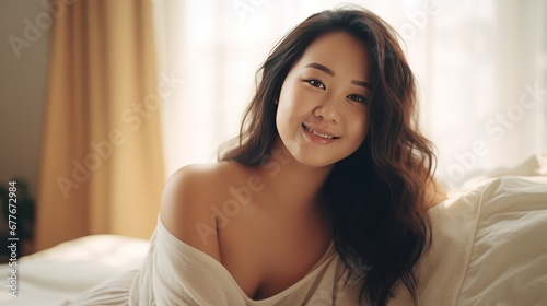 Asian woman smiling happily looking at camera, woman with life style