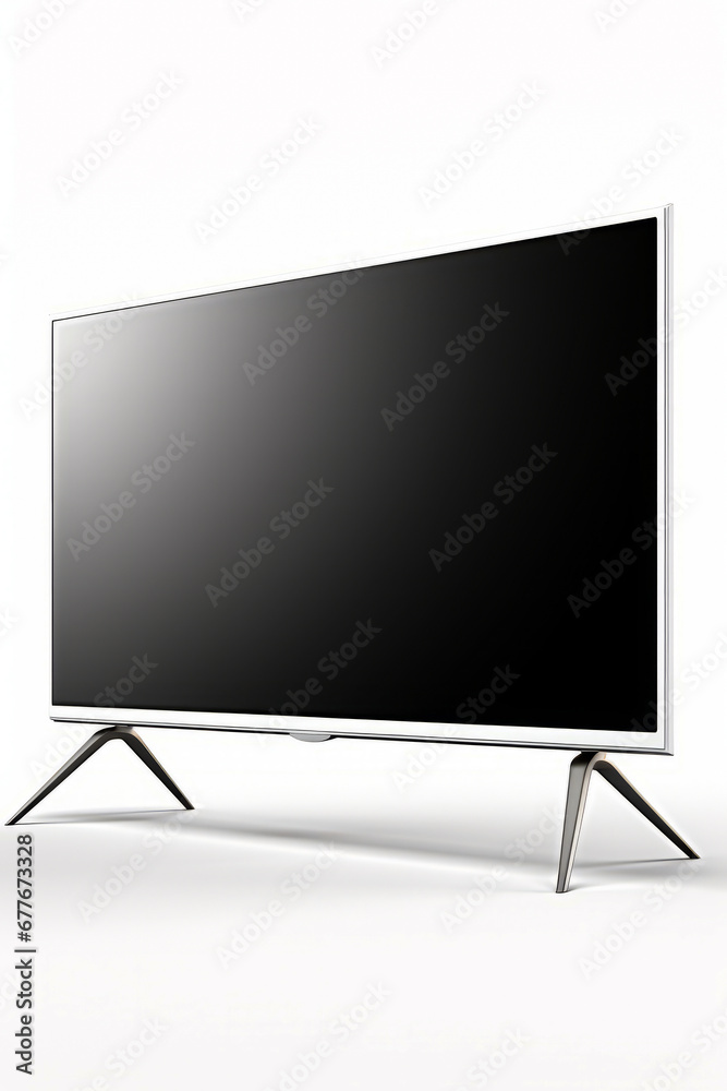 Flat screen tv sitting on top of metal stand with black screen. Flat screen tv sitting on top of metal stand with black screen.