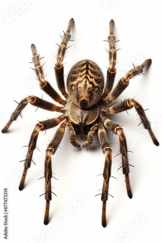 Close up of spider on white background with black stripe.