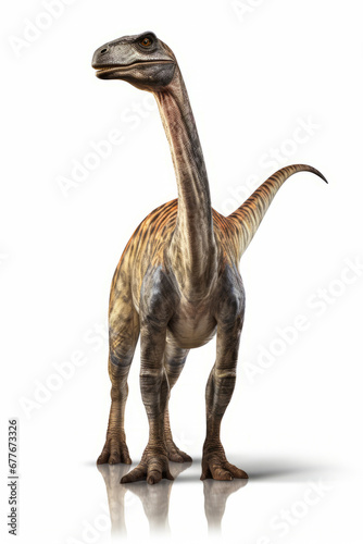 Dinosaur with long neck and long neck standing in front of white background.