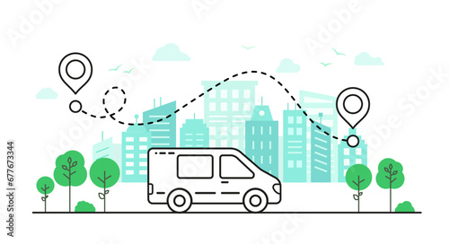 Bus and map icon. Delivery way to city. Blue and white. through forest