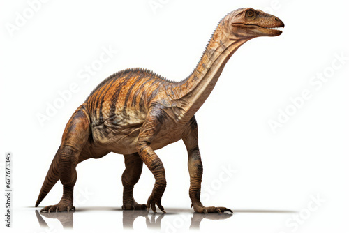 Dinosaur is standing on white surface with its head turned.