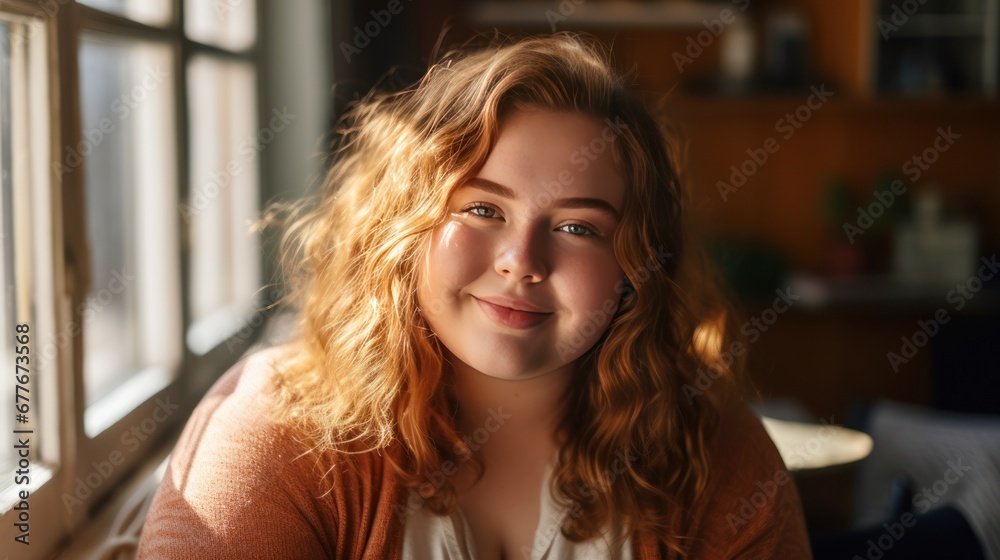 Portrait of Teenager woman chubby smiling and looking to camera while relax in living room at home.  - obrazy, fototapety, plakaty 