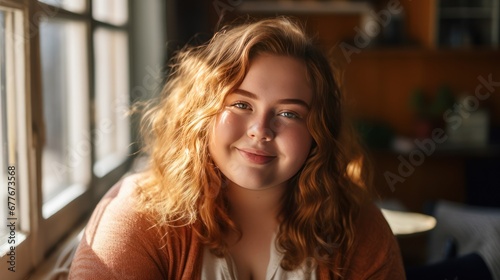 Portrait of Teenager woman chubby smiling and looking to camera while relax in living room at home.  photo