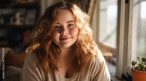 Portrait of Teenager woman chubby smiling and looking to camera while relax in living room at home.  © CStock