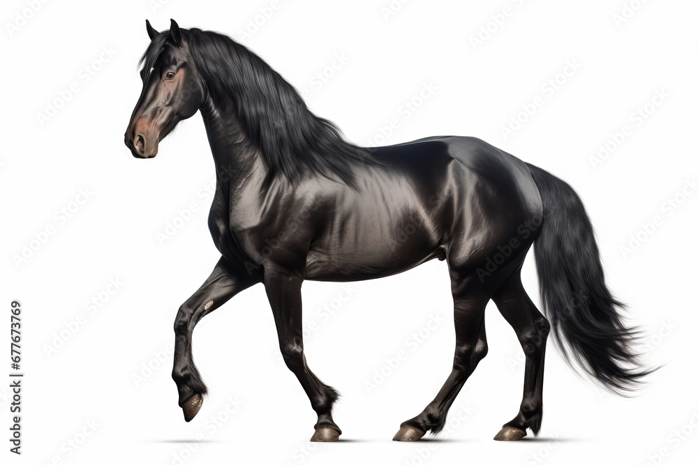 Black horse is walking on white background with shadow. Black horse is walking on white background with shadow.