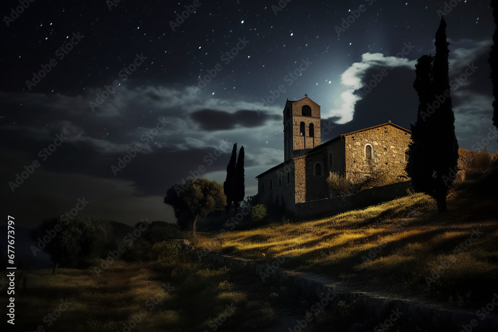 Starry Night Over a Historic Church: A Serene Countryside Scene, ai generative