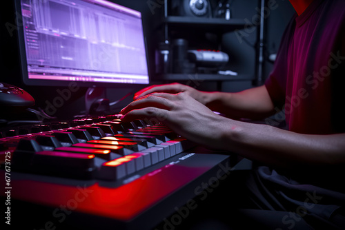 In the Spotlight: A Red Backlit Keyboard Under a User s Hand in a Dark Room, ai generative