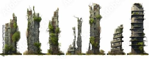 collection of ruined skyscrapers, tall overgrown post-apocalyptic buildings isolated on white background, Generative AI