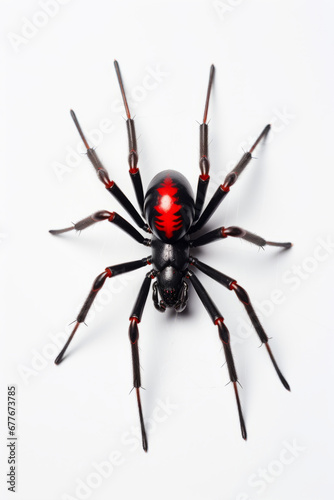 Black and red spider with red eyes on its back legs.