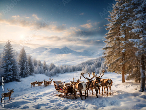 a winter wonderland with a snowy Christmas landscape featuring Santa's sleigh and reindeer © Wee Ha