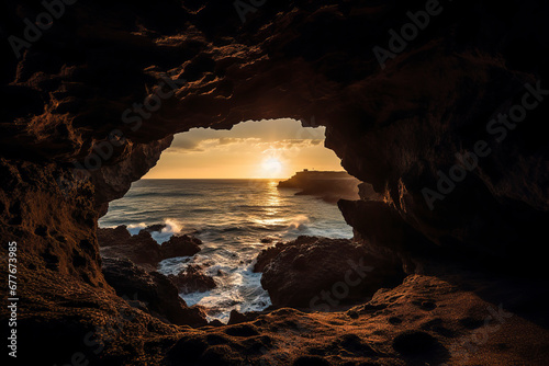 The Harmony of Earth and Sky: A Stunning Sunset Over the Ocean as Seen from a Cave, ai generative