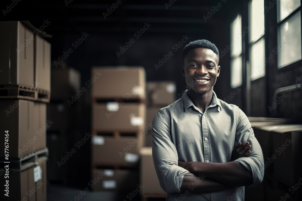 Obraz premium In the Heart of Operations: A Warehouse Worker Amidst Stacks of Boxes, ai generative