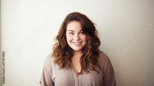 Portrait of Young plus size girl smiling happy standing white background 
