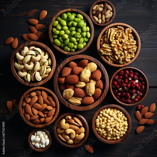 Mix of nuts in wooden bowls on dark wooden background, top view