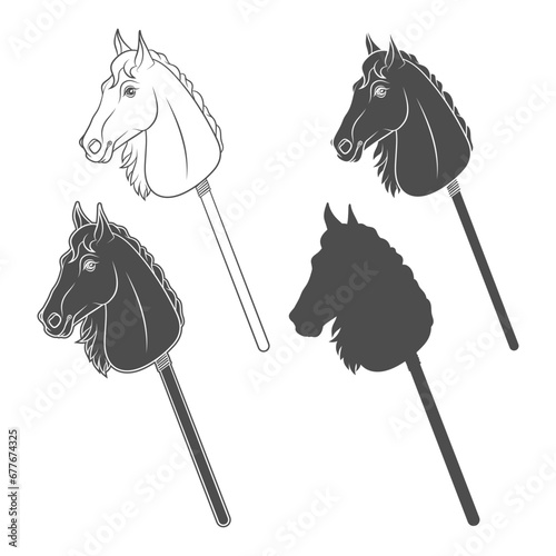 Set of black and white illustrations with hobby horse toy on stick. Isolated vector objects on white background.