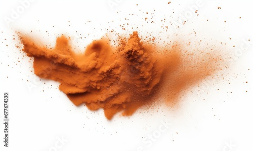 orange particles flying, colored powder in the air, isolated on white background, Generative AI photo