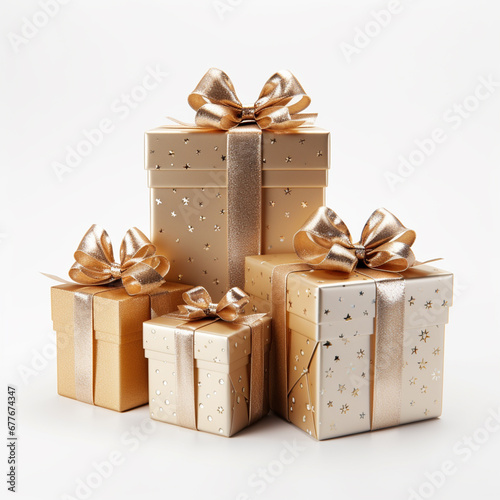 Gift boxes with golden bows isolated on white background. Christmas or birthday presents. photo