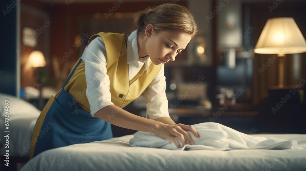 Obraz premium Professional chambermaid making with stack of towels near bed in hotel room.