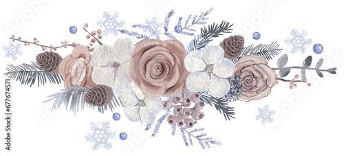Blue and beige floral Christmas border illustration with cotton and roses