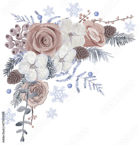 Blue and beige floral Christmas corner illustration with cotton and roses