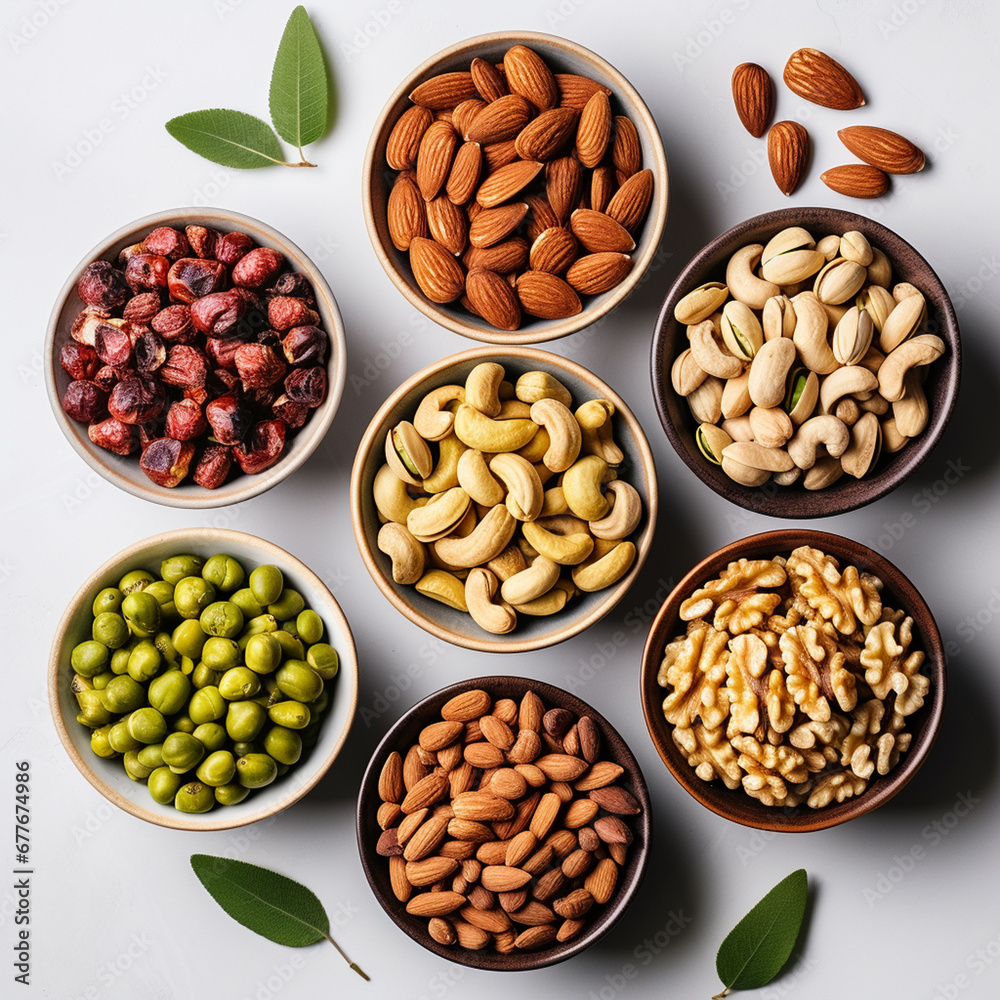 Mix of nuts in bowls on a white background. Top view. Mix of nuts in bowls on a white background. Top view.