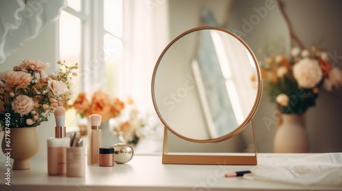 Obraz na plátně Stylish round mirror on dressing table with cosmetic, woman with makeup tools