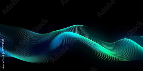 3D  wave lines pattern smooth curve flowing dynamic blue green gradient light isolated on black background for concept technology, digital, communication, science, Generative AI photo