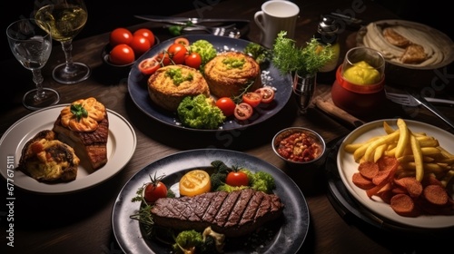Top view of Assorted food set on table, Pasta with seafood, steak ribeye, club sandwich, turkey with black rice