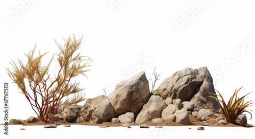 desert scene cutout, dry plants with rock, isolated on white background, Generative AI
