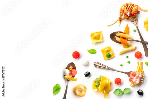 Various pasta forks panorama. Spaghetti, fusilli, penne and other shapes of pasta, with sauce, overhead flat lay shot on a white background, with a place for text