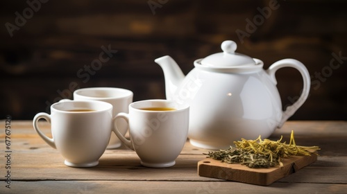 Tea concept with white tea set of cups and teapot with fresh tea on wooden
