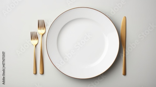 Details on the dining table,Top view of empty plate and gold cutlery on gray background photo
