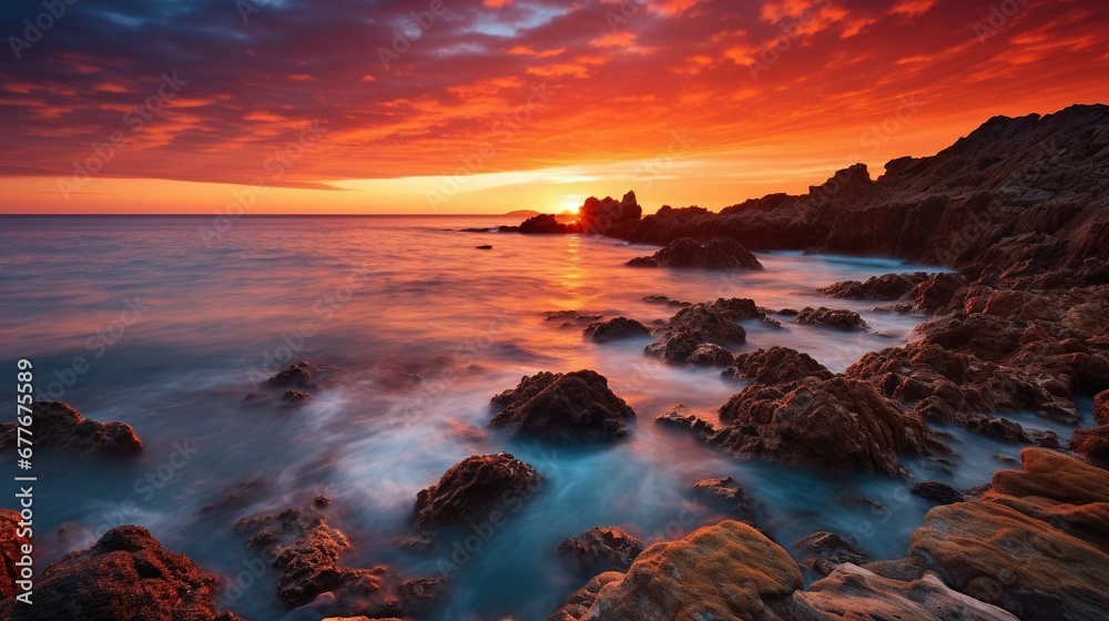 Breathtaking Coastal Sunset A vivid and colorful sunset over the sea, creating a stunning, serene seascape for your relaxation and inspiration
