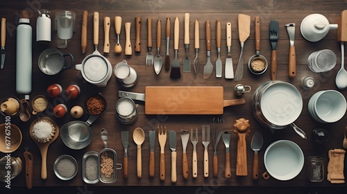 Details in the kitchen,Top view of Kitchen utensils, cooking ingredients and kitchenware