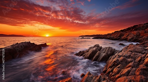 Breathtaking Coastal Sunset A vivid and colorful sunset over the sea, creating a stunning, serene seascape for your relaxation and inspiration