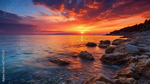 Breathtaking Coastal Sunset A vivid and colorful sunset over the sea  creating a stunning  serene seascape for your relaxation and inspiration