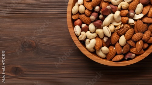 Protein from mixed nuts,Top view of mixed nuts in bowl.Table setting.