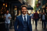 Portrait of a young businessman happy smile standing in a city street, looking at the camera