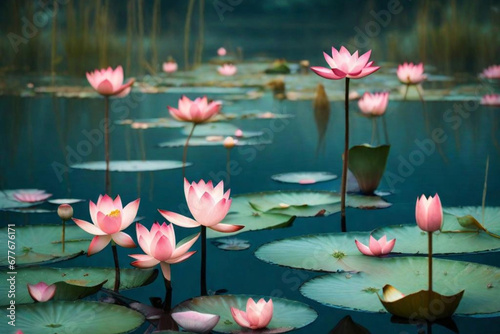 pink lotus flower  a dreamy and abstract AI representation of a lotus pond  using intentional blurring to enhance the mystical and serene qualities of the scene. 