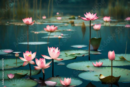 pink lotus flower, a dreamy and abstract AI representation of a lotus pond, using intentional blurring to enhance the mystical and serene qualities of the scene.