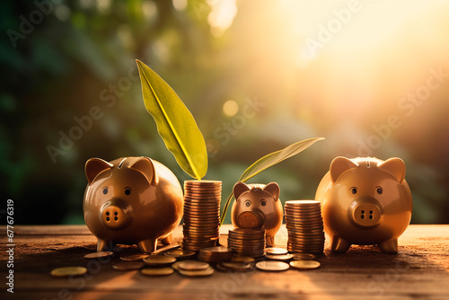 Smiling piggy banks beside a stack of gold coins, plant sprouts growth from their slots photo