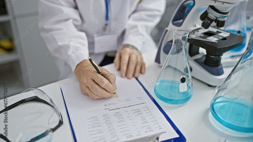 Meticulous hands of senior woman scientist, immersed in important research, diligently taking notes in bustling lab Meticulous hands of senior woman scientist, immersed in important research, diligently taking notes in bustling lab