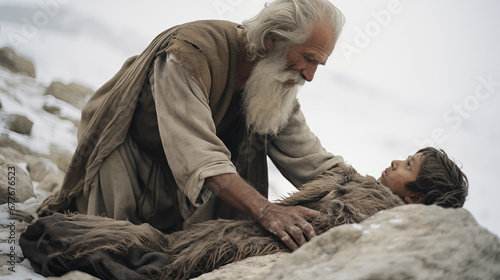 Portrait of Abraham and his son Isaac on mount Moriah. Old testament concept.