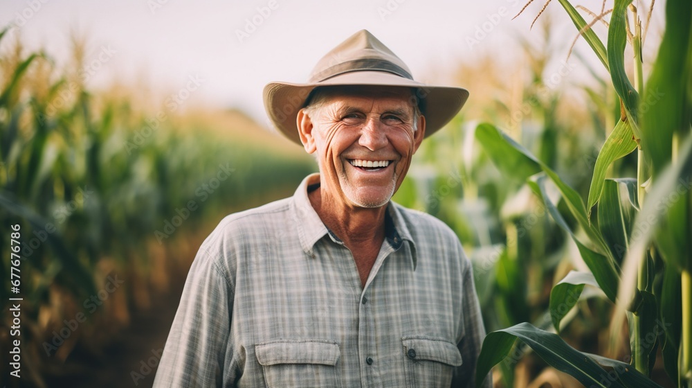 Agriculturist Portrait of Happy senior farmer in growing corn field agriculture