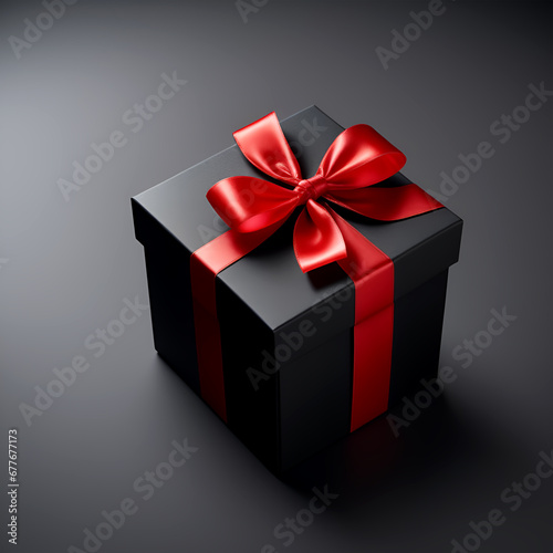 Black gift box isolated red ribbon bow on black background