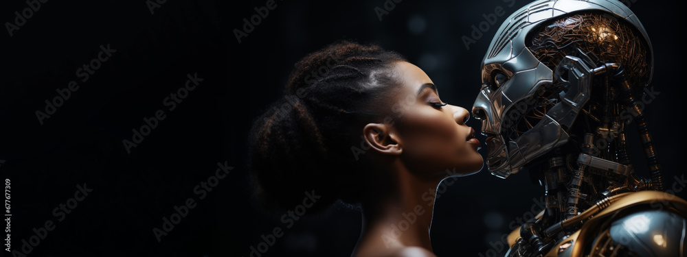 woman makes out with a robot. portrait on a black background. copy space. concept creative idea of modern technology and future. banner woman makes out with a robot. portrait on a black background. copy space. concept creative idea of modern technology and future. banner